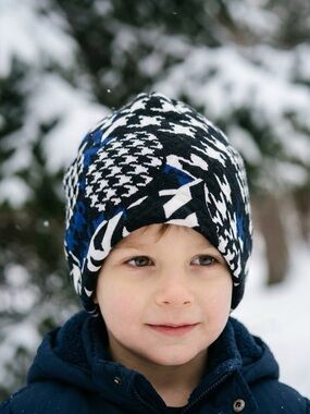 Blue and Black houndstooth Patterned Beanie for kids and adults - handmade